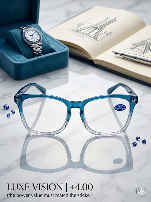 Gafas de Lectura y Protección Luz Azul con Montura Degradada de Azul a Transparente y Lente Izquierda Marcada