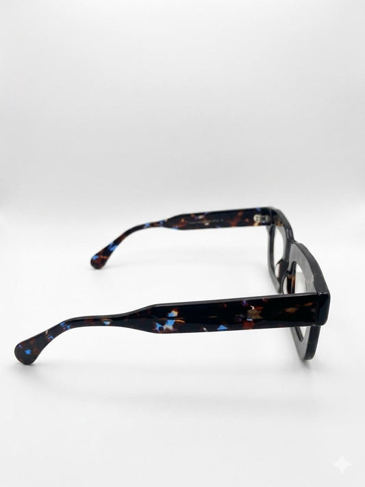 Gafas de Sol Cuadradas de Acetato Grueso – Estilo Tortuga Oscuro con Destellos Azules (Diseño Premium de Montura Ancha)