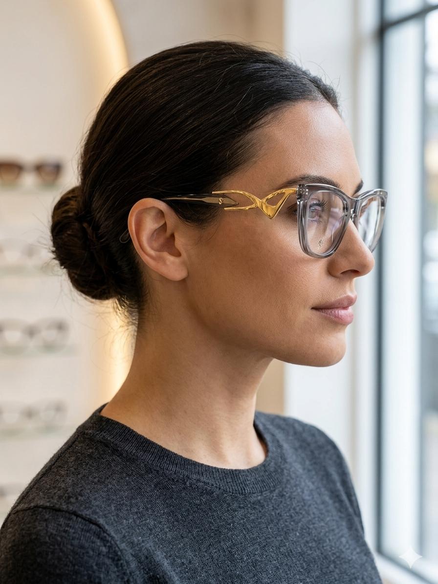 Lentes de Sol/Lectura Cat-Eye en Acetato Traslúcido Gris con Varillas Esculturales Doradas