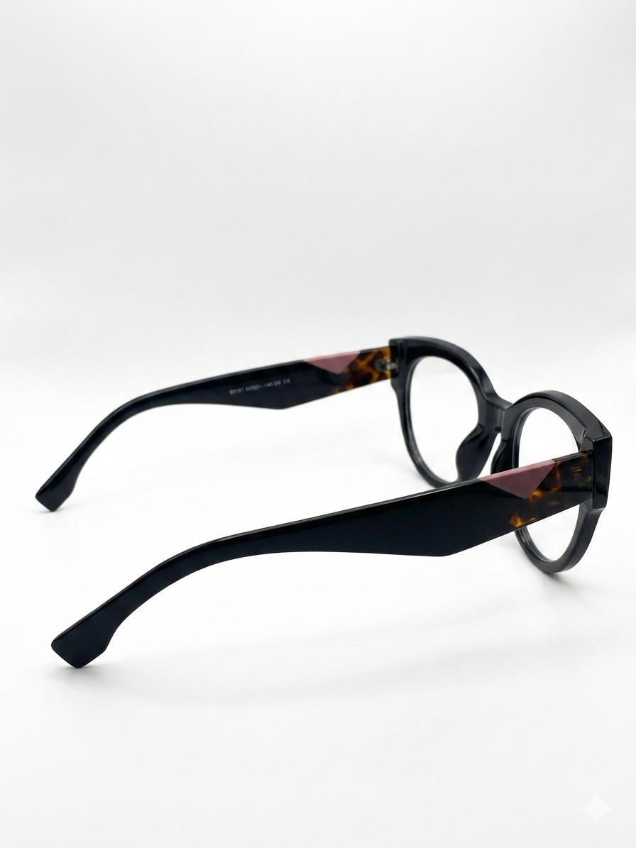 Gafas de Vista Cat-Eye en Negro Brillante con Varillas Carey y Detalle Geométrico