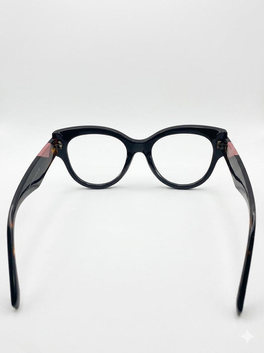 Gafas de Vista Cat-Eye en Negro Brillante con Varillas Carey y Detalle Geométrico