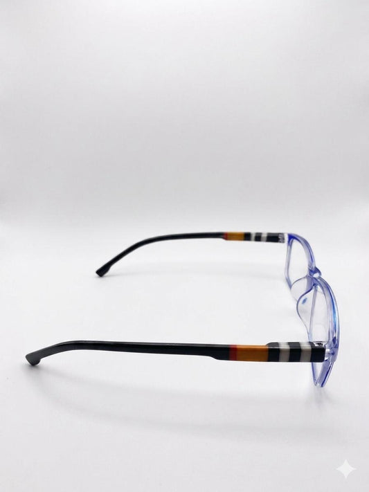 Gafas de Lectura Modernas con Montura Rectangular Azul Transparente y Patillas de Diseño Multicolor
