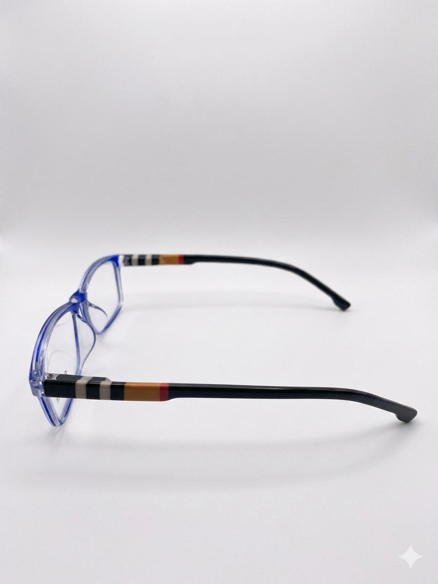 Gafas de Lectura Modernas con Montura Rectangular Azul Transparente y Patillas de Diseño Multicolor