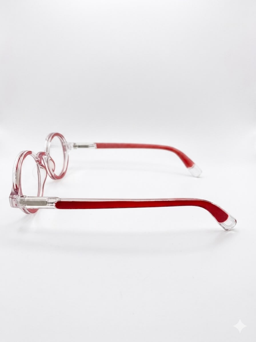 Gafas de lectura redondas estilo retro con montura transparente y detalles en rojo