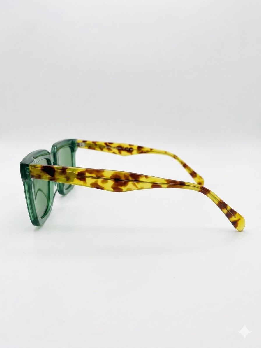 Gafas de diseño con montura verde translúcida y patillas de patrón carey