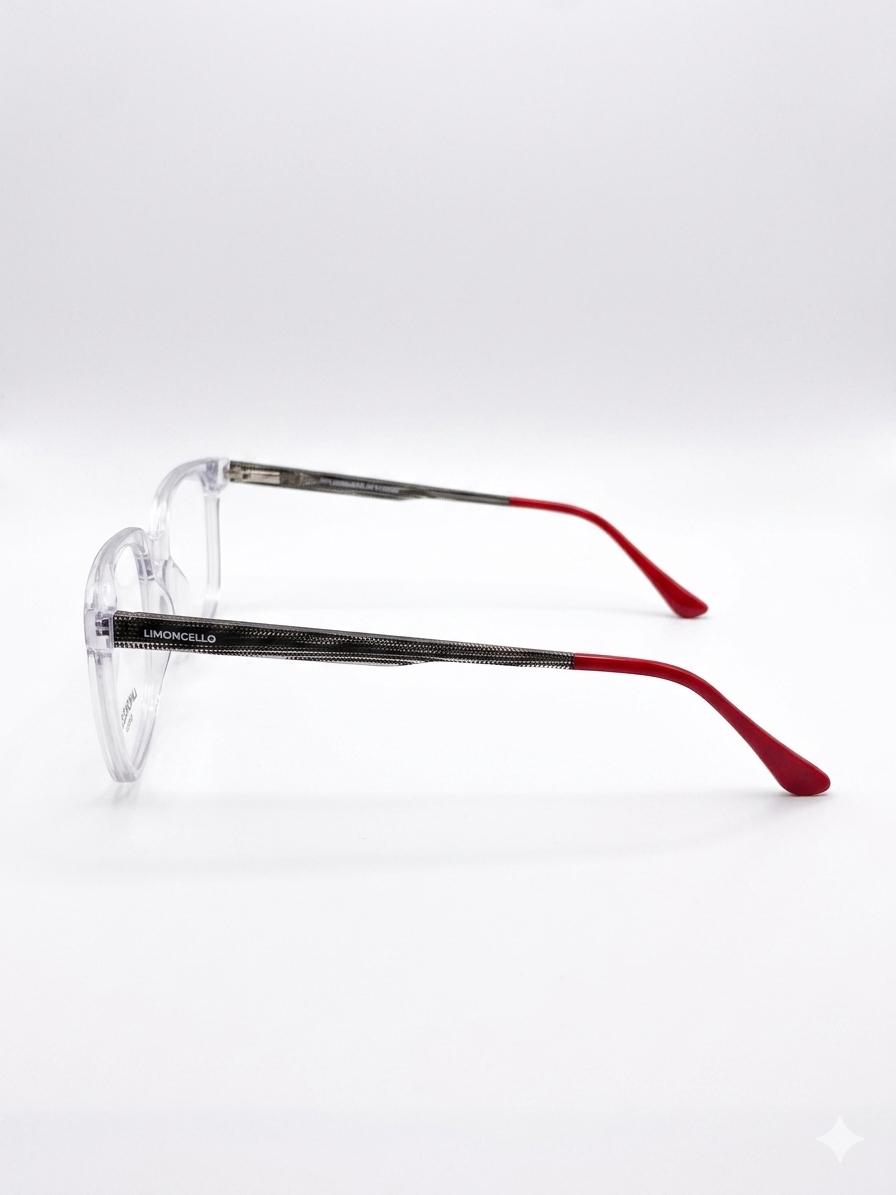 Lentes Limoncello "Crystal Clear" – Montura Cuadrada Transparente con Acento en Rojo