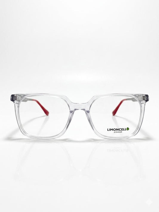 Lentes Limoncello "Crystal Clear" – Montura Cuadrada Transparente con Acento en Rojo