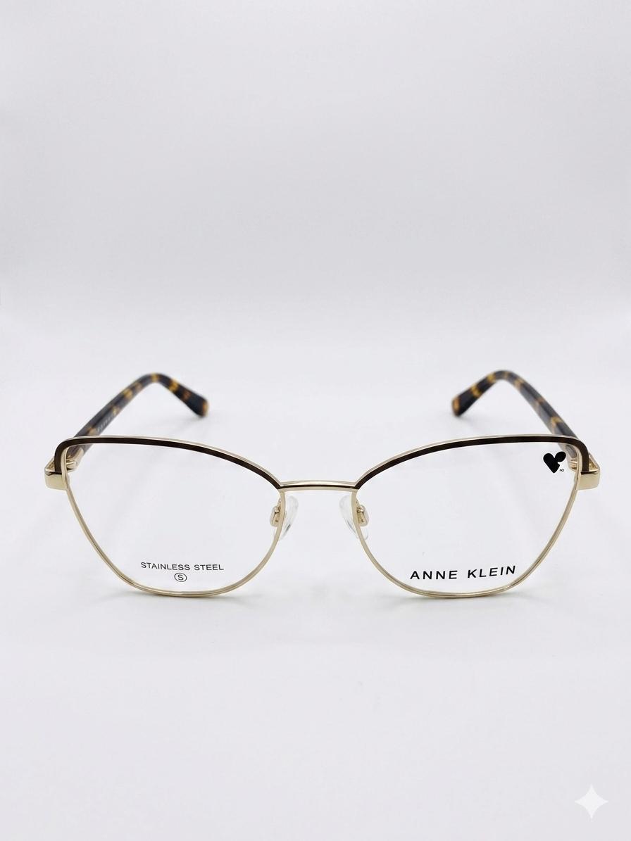 Gafas Oftálmicas Anne Klein – Montura Femenina de Acero Inoxidable Estilo Cat-Eye en Oro Brillante con Varillas de Diseño