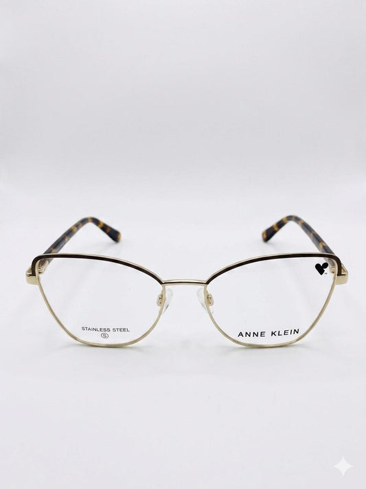 Gafas Oftálmicas Anne Klein – Montura Femenina de Acero Inoxidable Estilo Cat-Eye en Oro Brillante con Varillas de Diseño