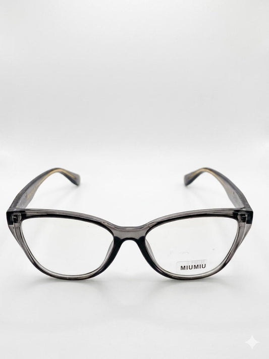 Armazón Oftálmico Miu Miu para Mujer – Estilo Cat-Eye en Acetato Gris Translúcido