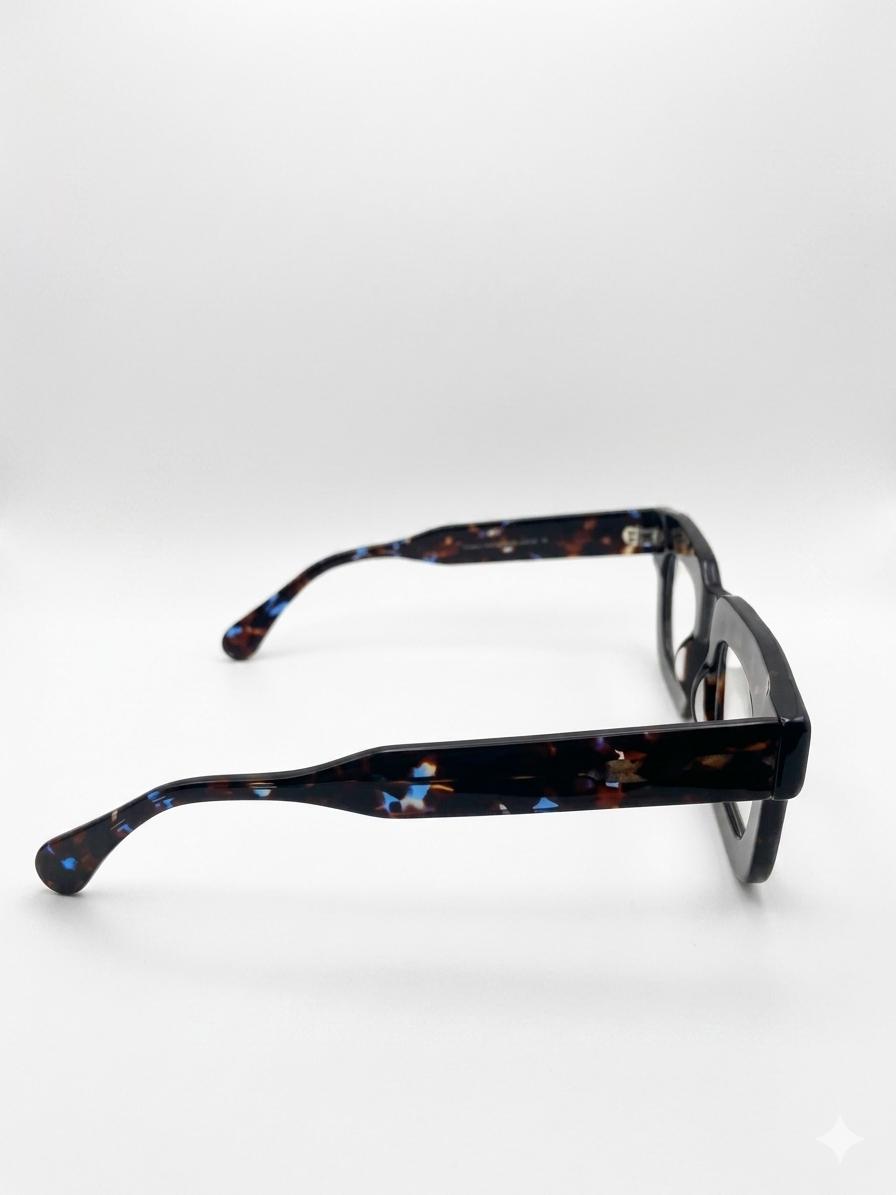 Gafas de Sol Cuadradas de Acetato Grueso – Estilo Tortuga Oscuro con Destellos Azules (Diseño Premium de Montura Ancha)