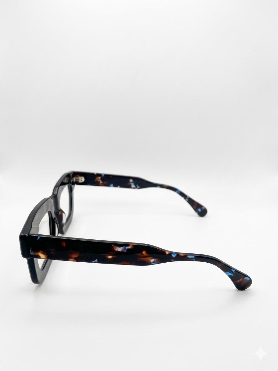 Gafas de Sol Cuadradas de Acetato Grueso – Estilo Tortuga Oscuro con Destellos Azules (Diseño Premium de Montura Ancha)