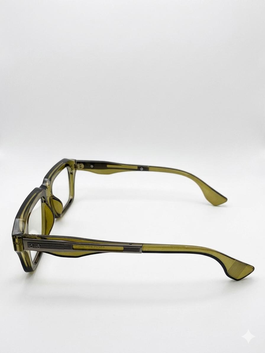 Gafas de Vista Rectangulares de Acetato Traslúcido en Tono Oliva con Varillas de Diseño Industrial