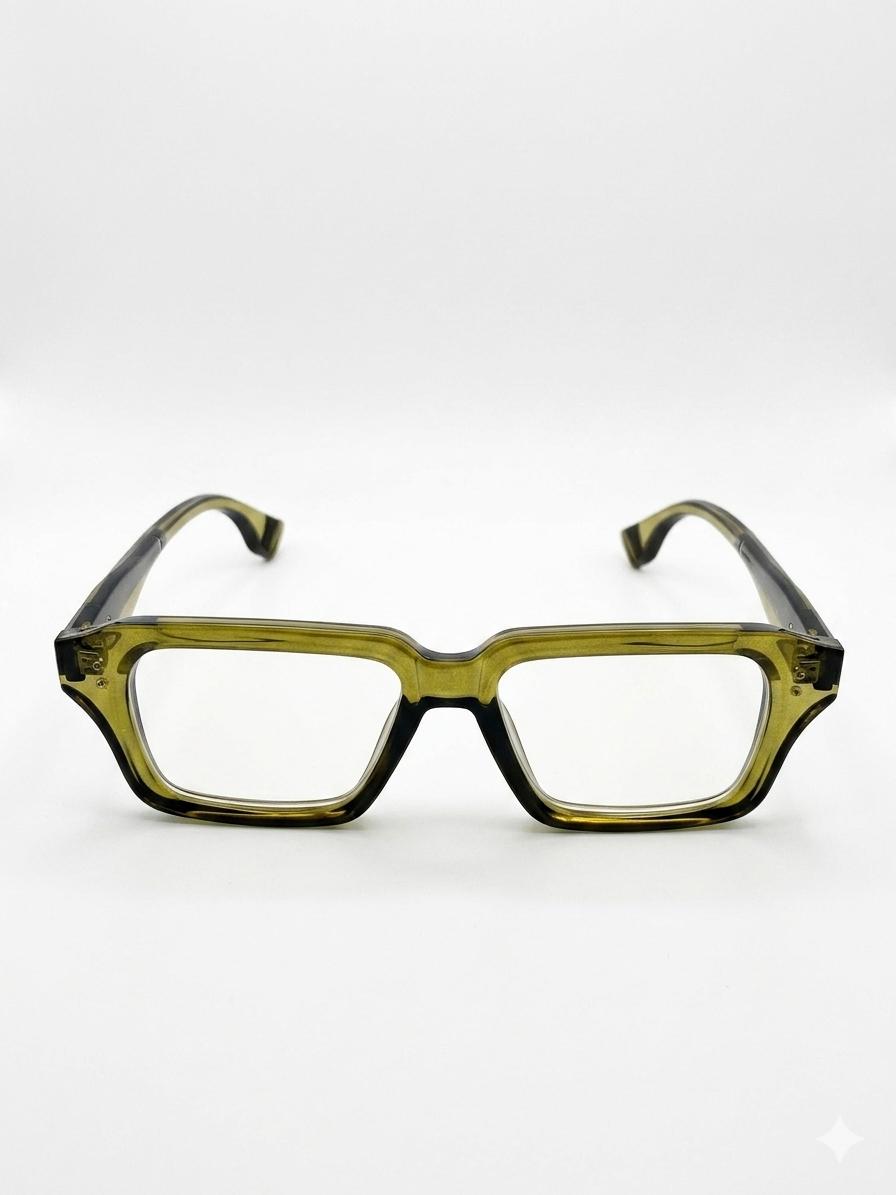 Gafas de Vista Rectangulares de Acetato Traslúcido en Tono Oliva con Varillas de Diseño Industrial