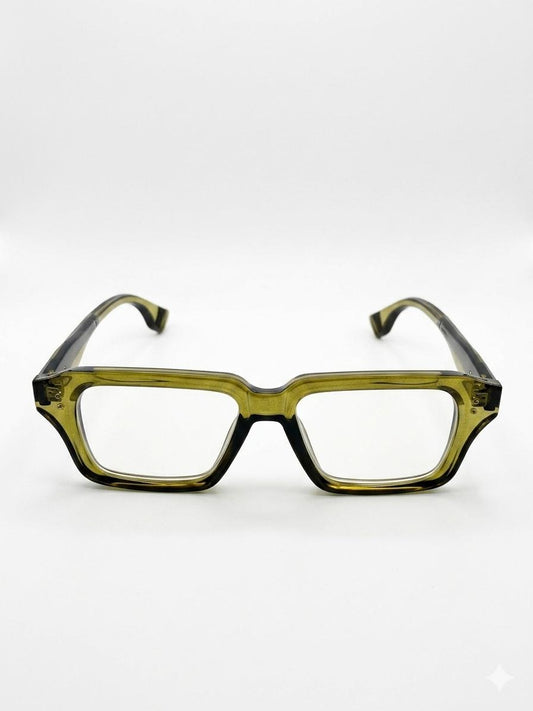 Gafas de Vista Rectangulares de Acetato Traslúcido en Tono Oliva con Varillas de Diseño Industrial