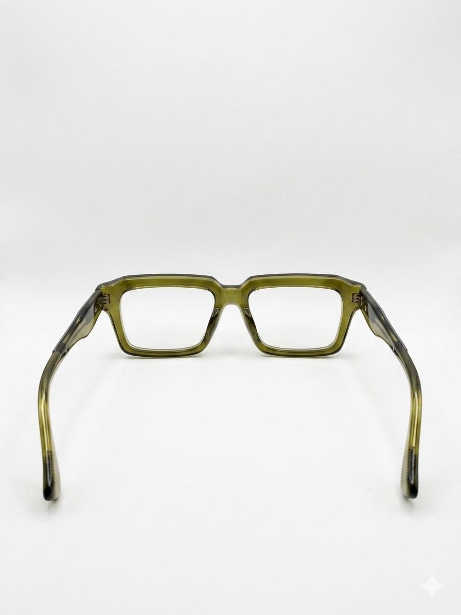 Gafas de Vista Rectangulares de Acetato Traslúcido en Tono Oliva con Varillas de Diseño Industrial