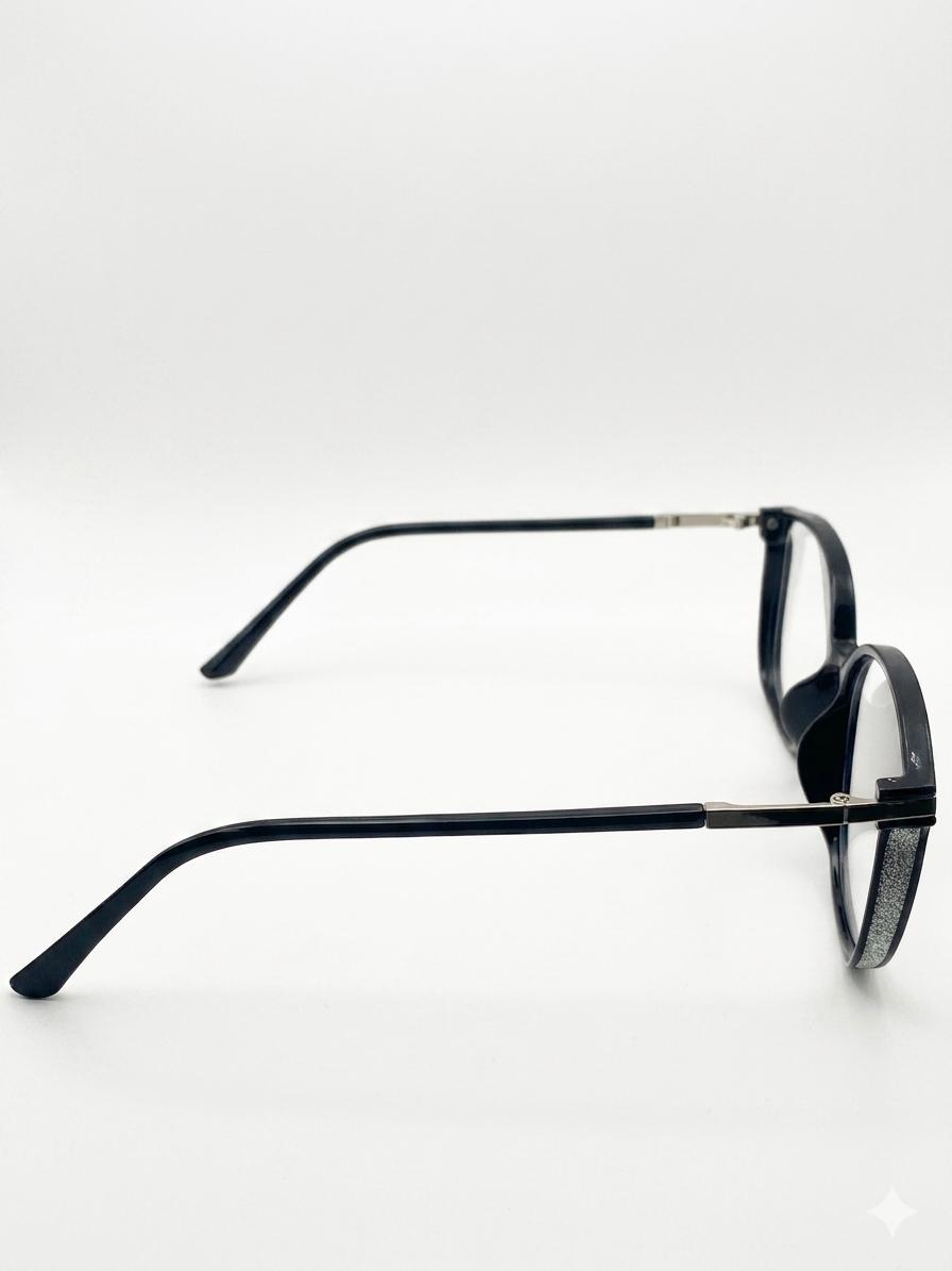 Lentes Oftálmicos Negros Circulares Para Mujer - Armazón Elegante Con Detalles Plateados Y Brillo Lateral