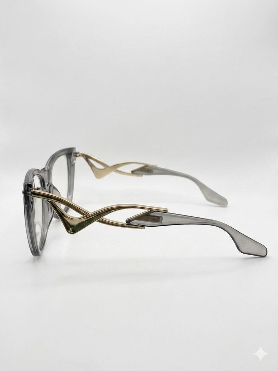 Lentes de Sol/Lectura Cat-Eye en Acetato Traslúcido Gris con Varillas Esculturales Doradas