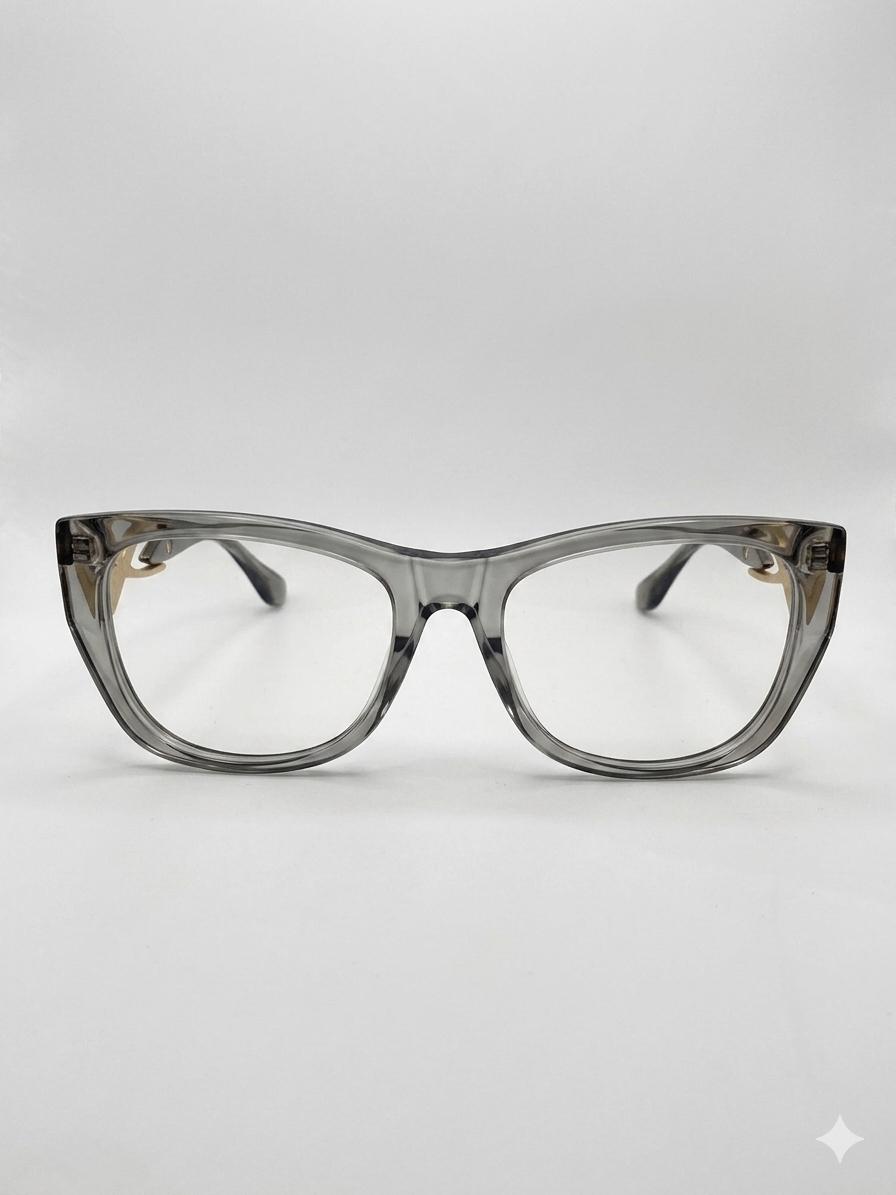 Lentes de Sol/Lectura Cat-Eye en Acetato Traslúcido Gris con Varillas Esculturales Doradas