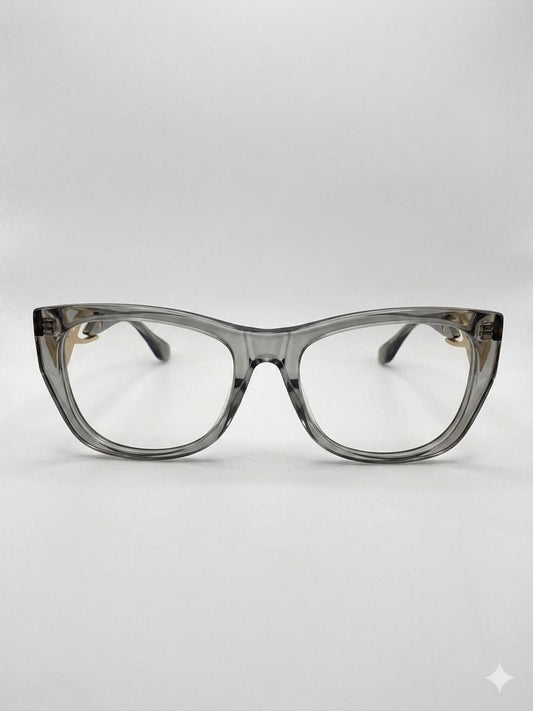 Lentes de Sol/Lectura Cat-Eye en Acetato Traslúcido Gris con Varillas Esculturales Doradas