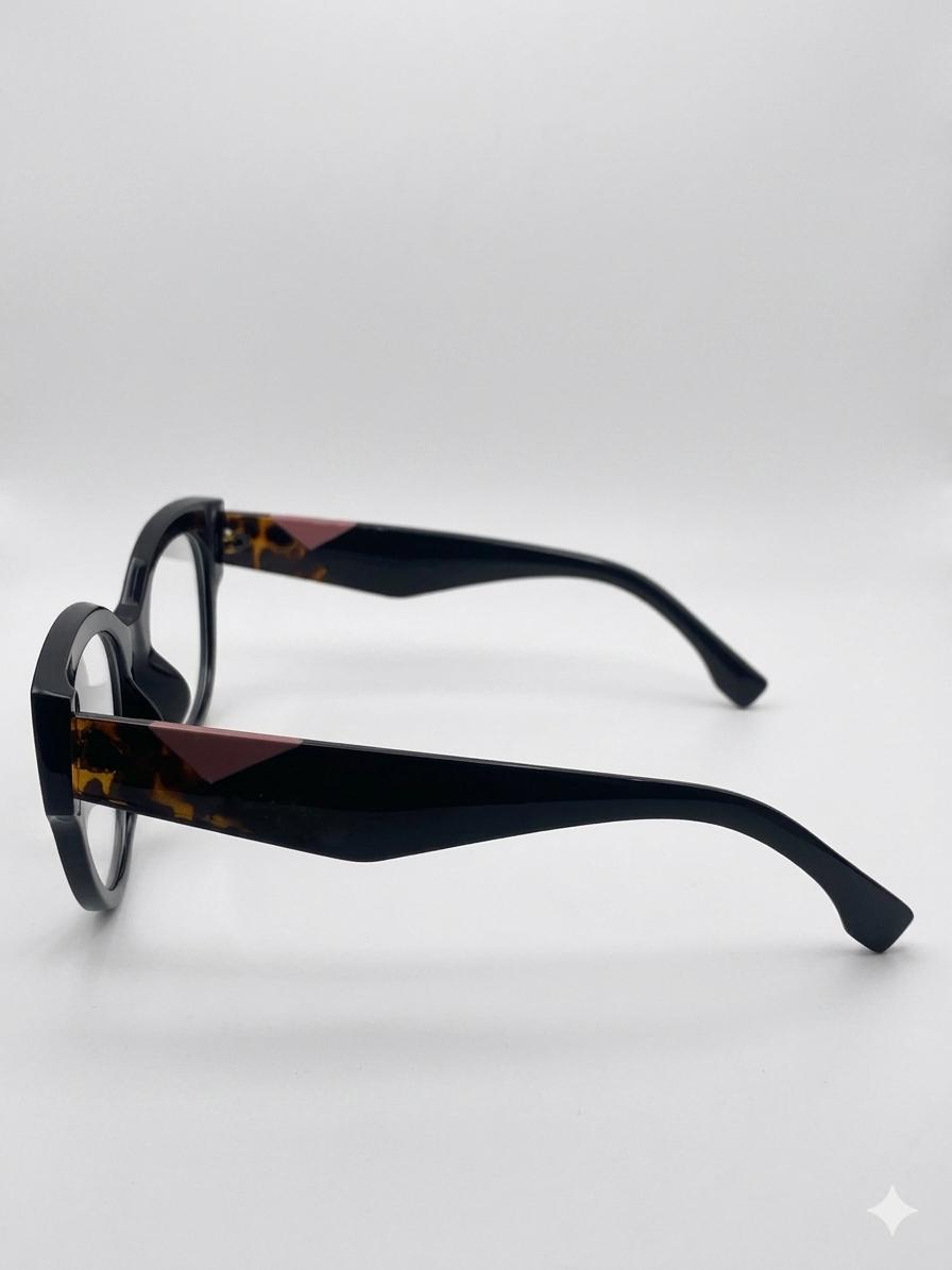 Gafas de Vista Cat-Eye en Negro Brillante con Varillas Carey y Detalle Geométrico