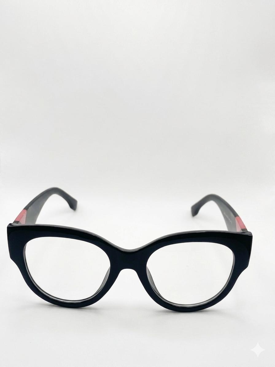 Gafas de Vista Cat-Eye en Negro Brillante con Varillas Carey y Detalle Geométrico