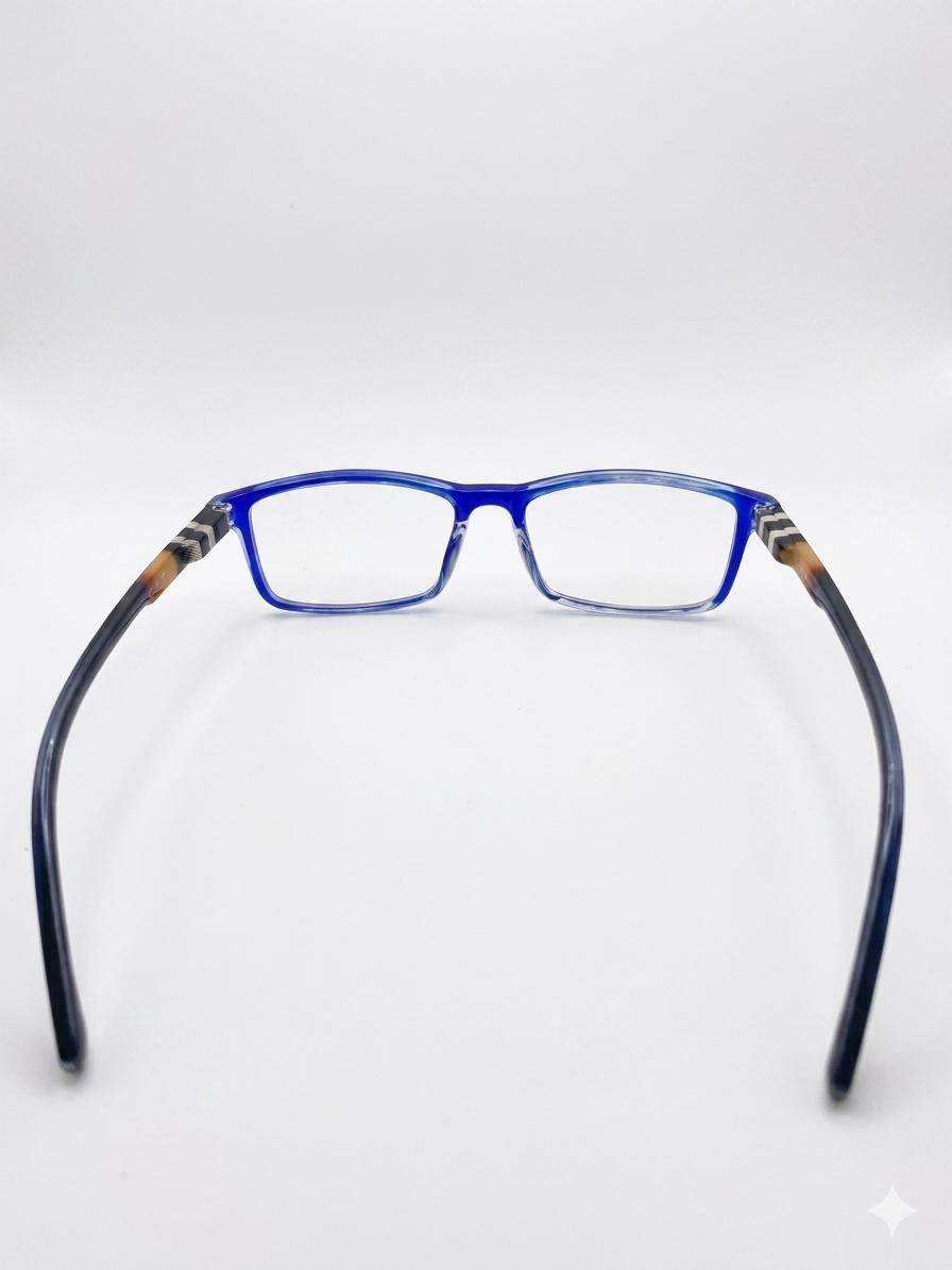 Gafas de Lectura Modernas con Montura Rectangular Azul Transparente y Patillas de Diseño Multicolor