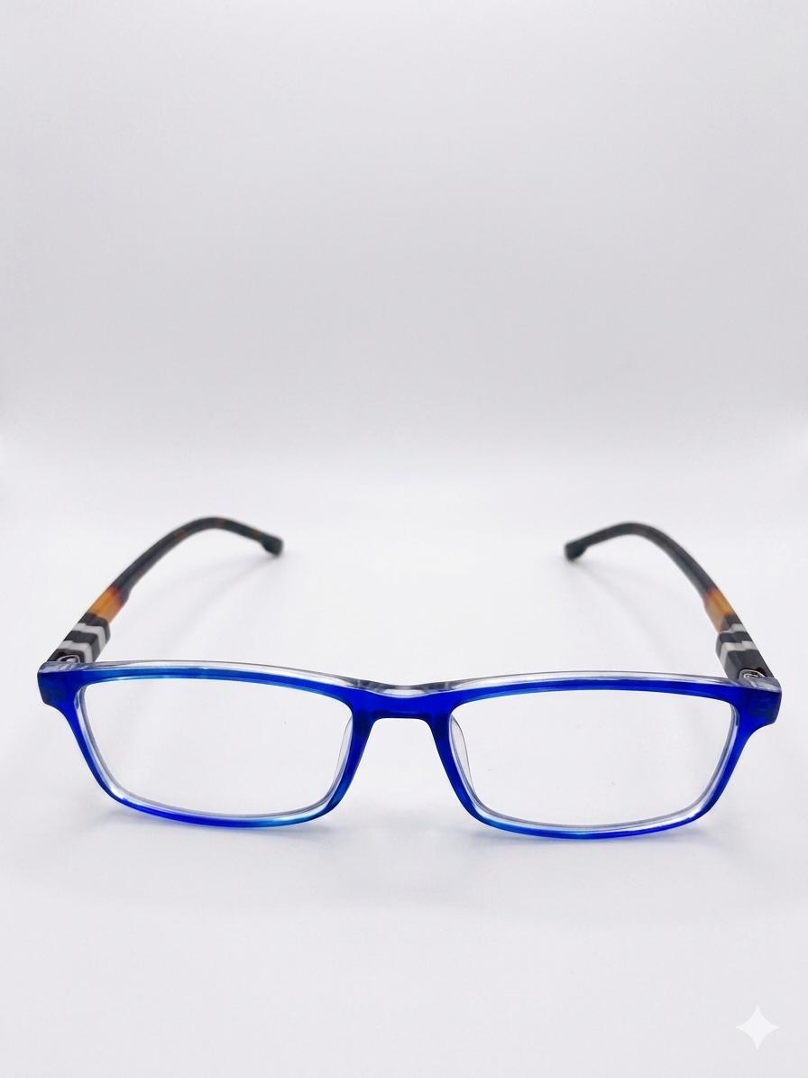 Gafas de Lectura Modernas con Montura Rectangular Azul Transparente y Patillas de Diseño Multicolor