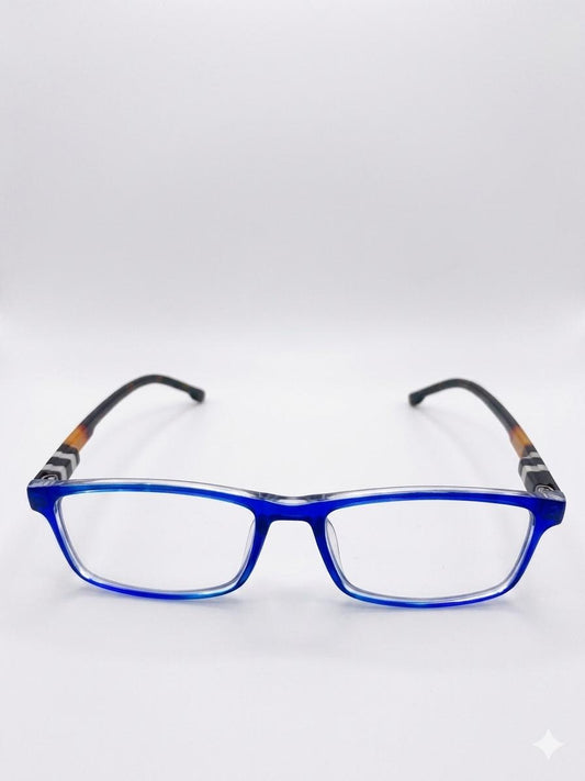Gafas de Lectura Modernas con Montura Rectangular Azul Transparente y Patillas de Diseño Multicolor