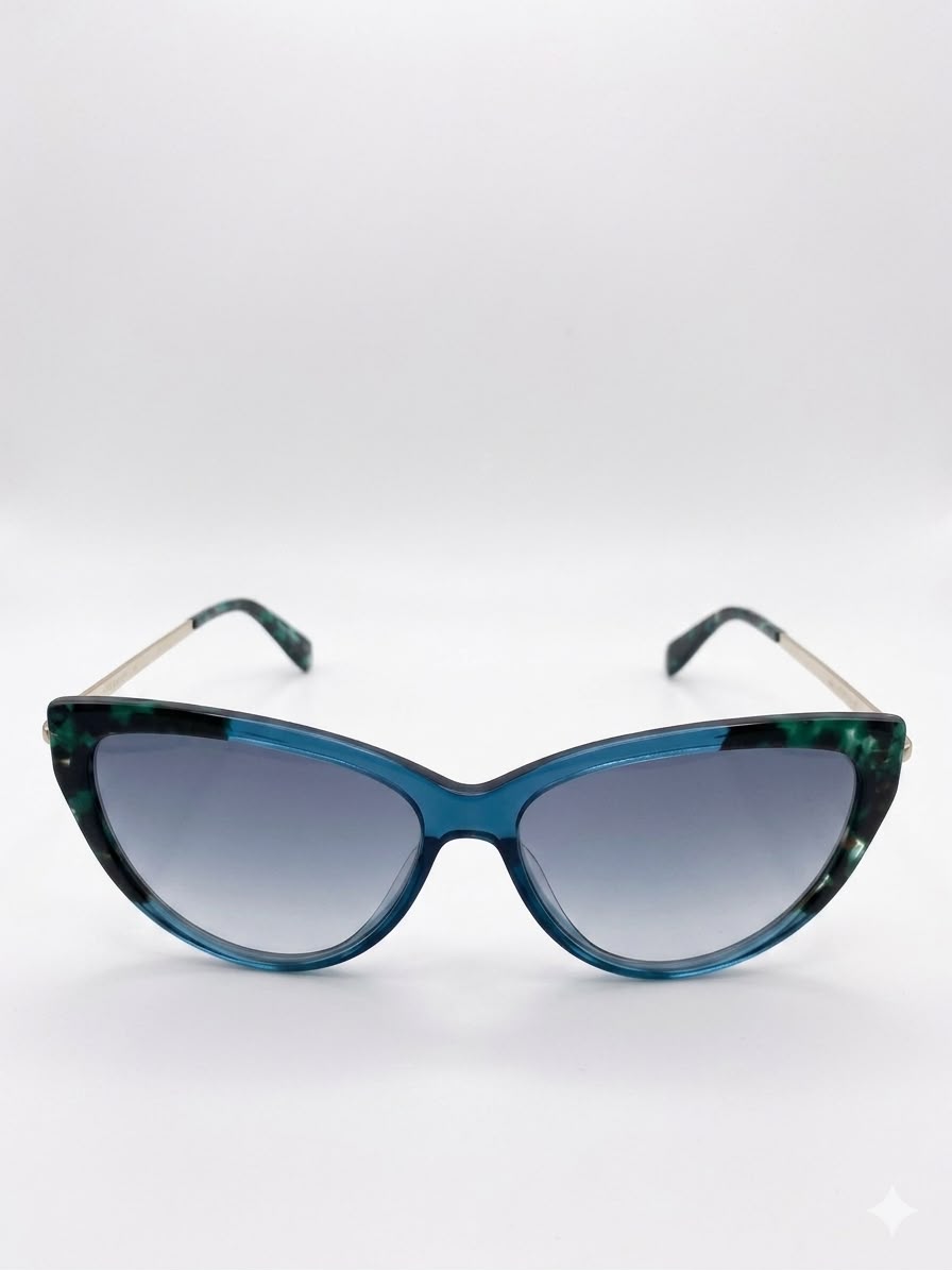 Gafas de sol Longchamp con montura ojo de gato en tono carey azul y verde.