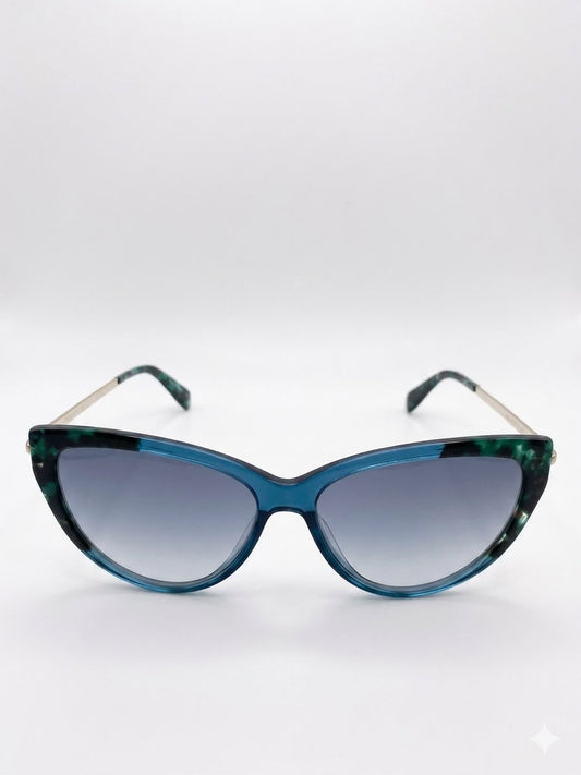 Gafas de sol Longchamp con montura ojo de gato en tono carey azul y verde.