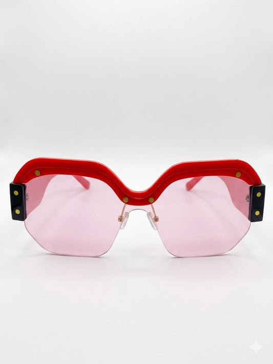 Gafas de Sol Estilo Moderno con Montura Roja y Lentes Rosadas