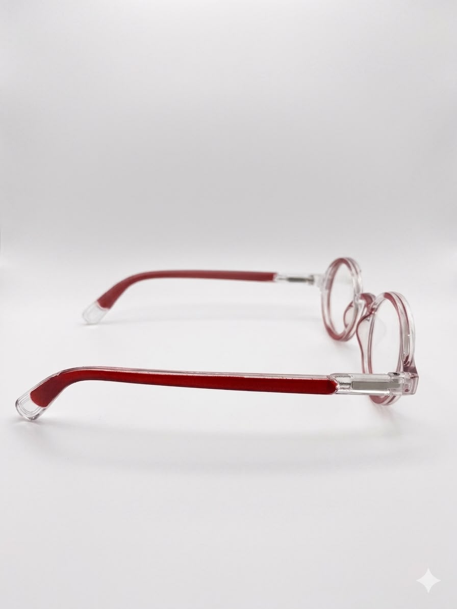 Gafas de lectura redondas estilo retro con montura transparente y detalles en rojo
