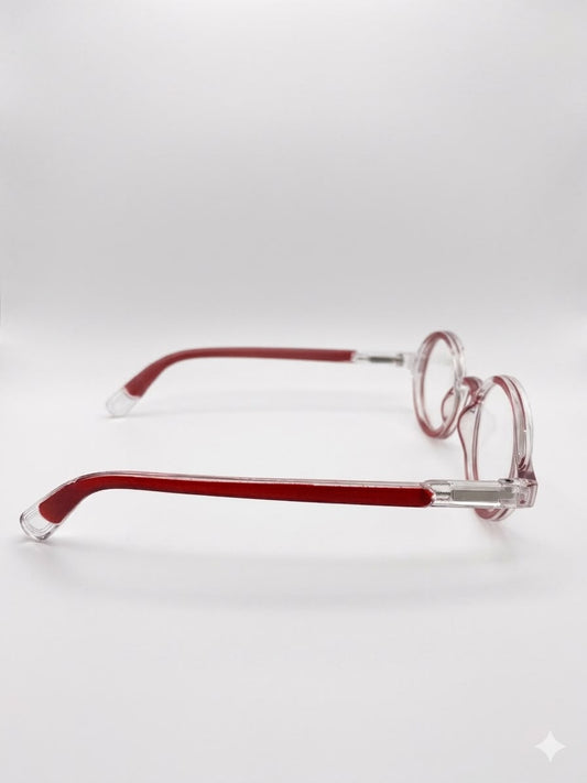 Gafas de lectura redondas estilo retro con montura transparente y detalles en rojo