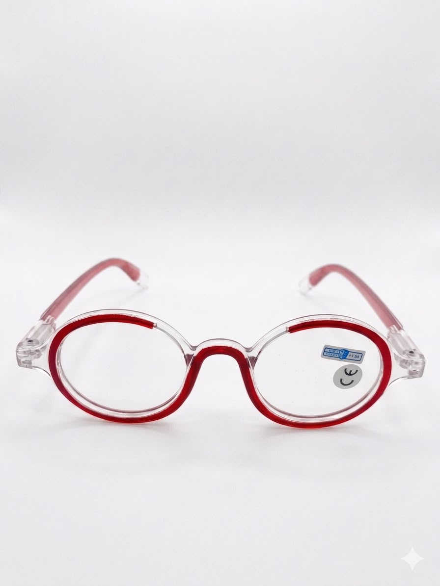 Gafas de lectura redondas estilo retro con montura transparente y detalles en rojo