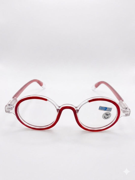 Gafas de lectura redondas estilo retro con montura transparente y detalles en rojo