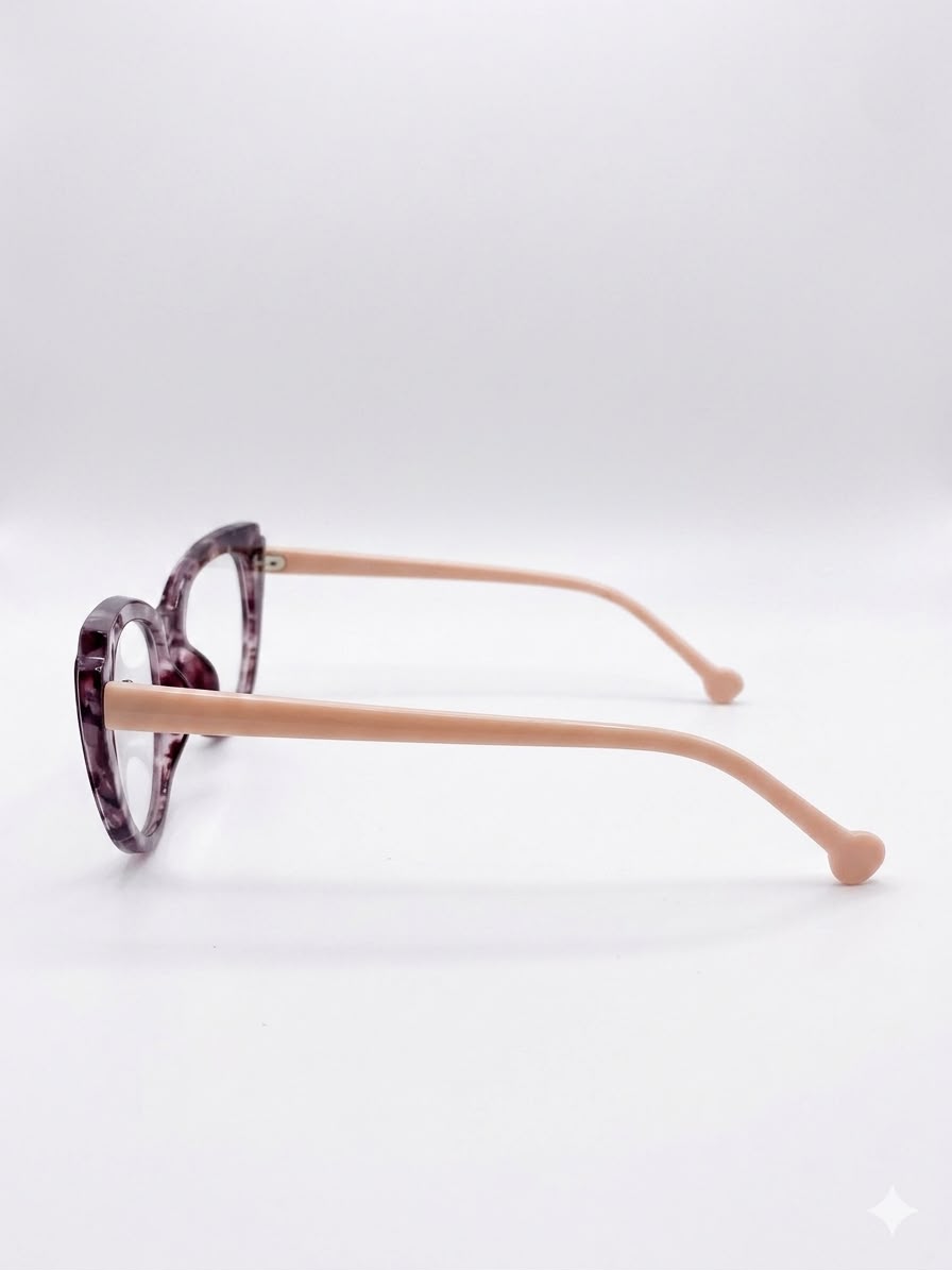 Montura Oftálmica Cat-Eye en Tono Jaspeado Violeta con Varillas Rosadas