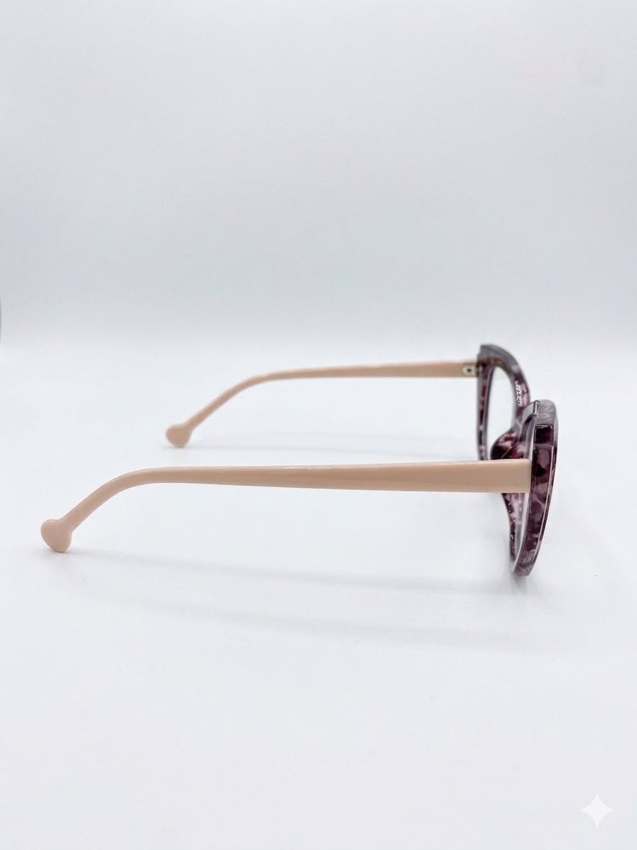 Montura Oftálmica Cat-Eye en Tono Jaspeado Violeta con Varillas Rosadas