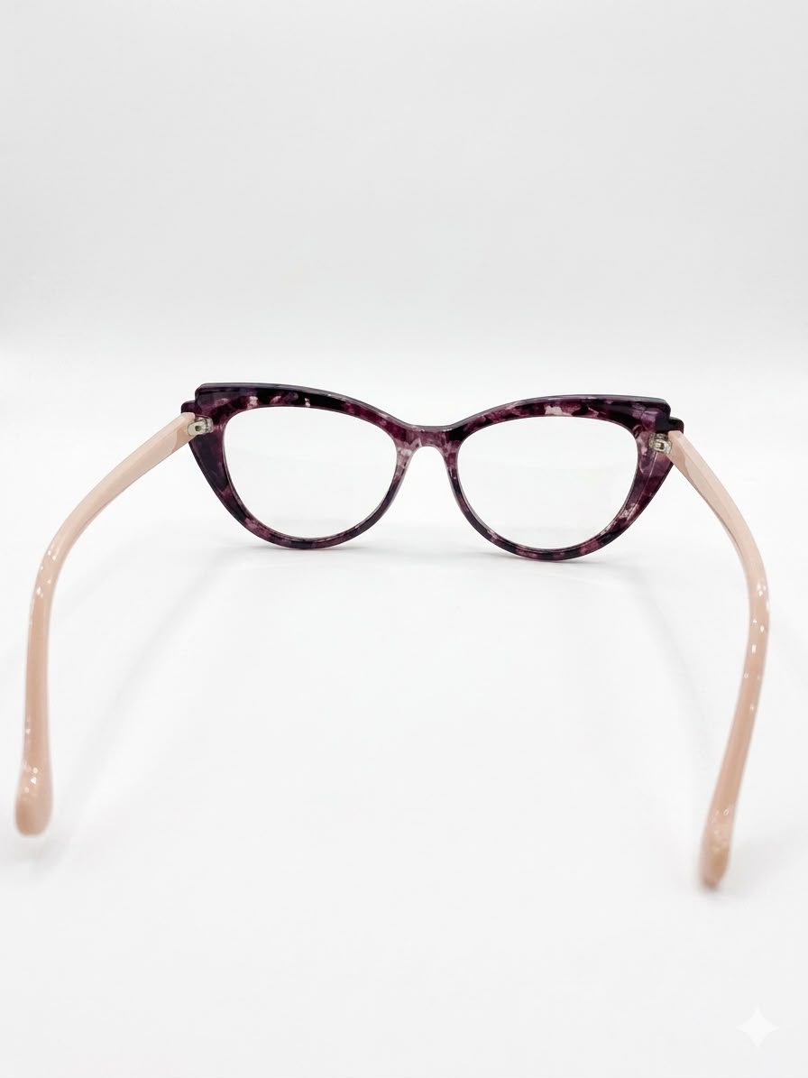 Montura Oftálmica Cat-Eye en Tono Jaspeado Violeta con Varillas Rosadas