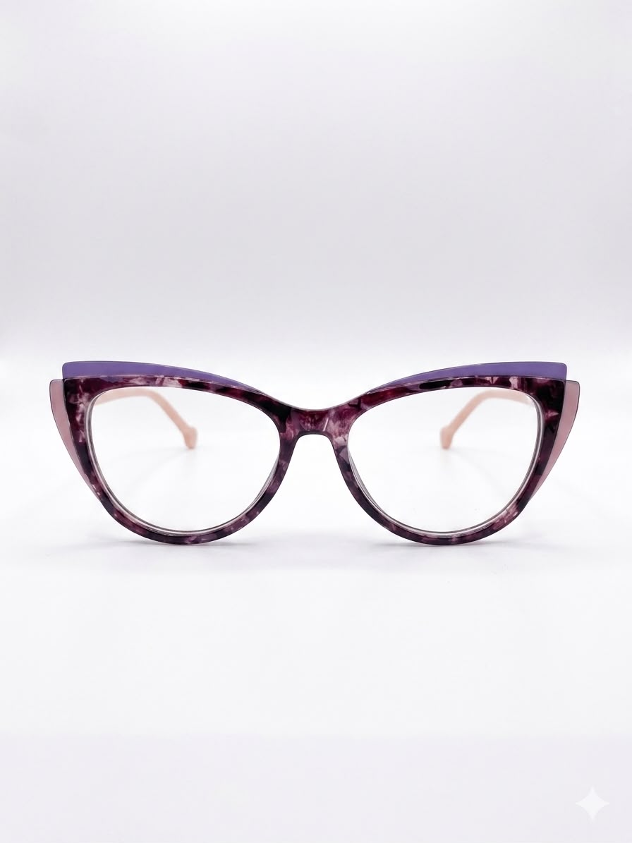 Montura Oftálmica Cat-Eye en Tono Jaspeado Violeta con Varillas Rosadas