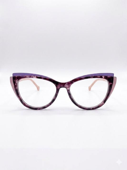 Montura Oftálmica Cat-Eye en Tono Jaspeado Violeta con Varillas Rosadas