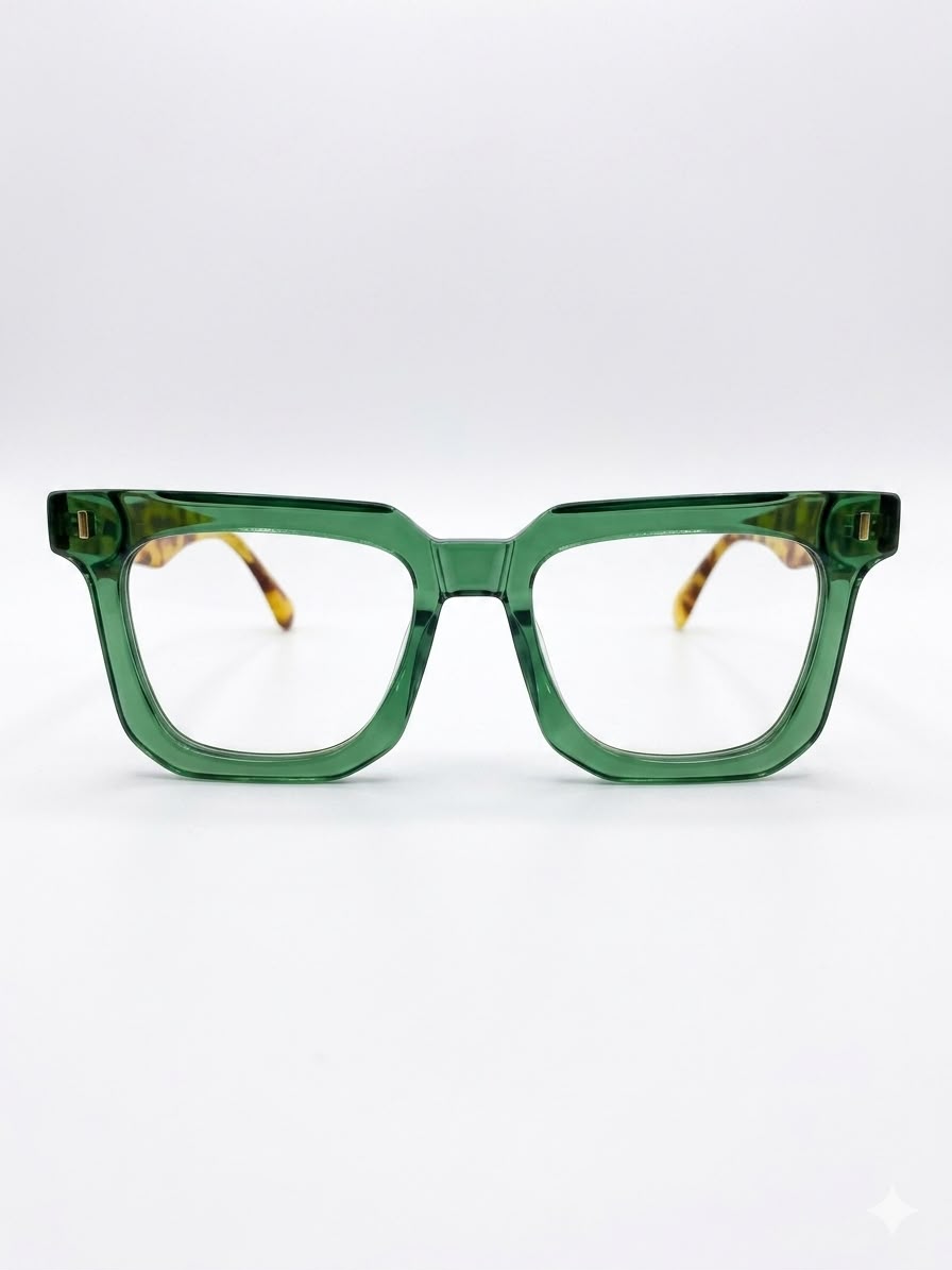 Gafas de diseño con montura verde translúcida y patillas de patrón carey