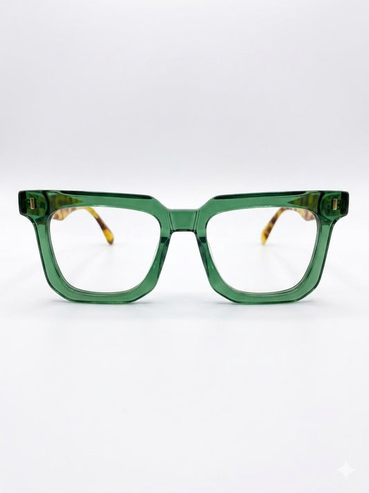 Gafas de diseño con montura verde translúcida y patillas de patrón carey