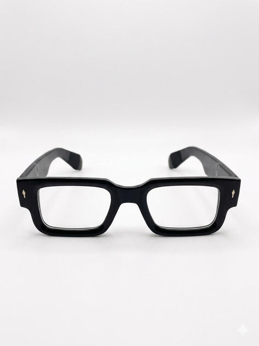 Elegantes lentes de montura cuadrada en color negro.