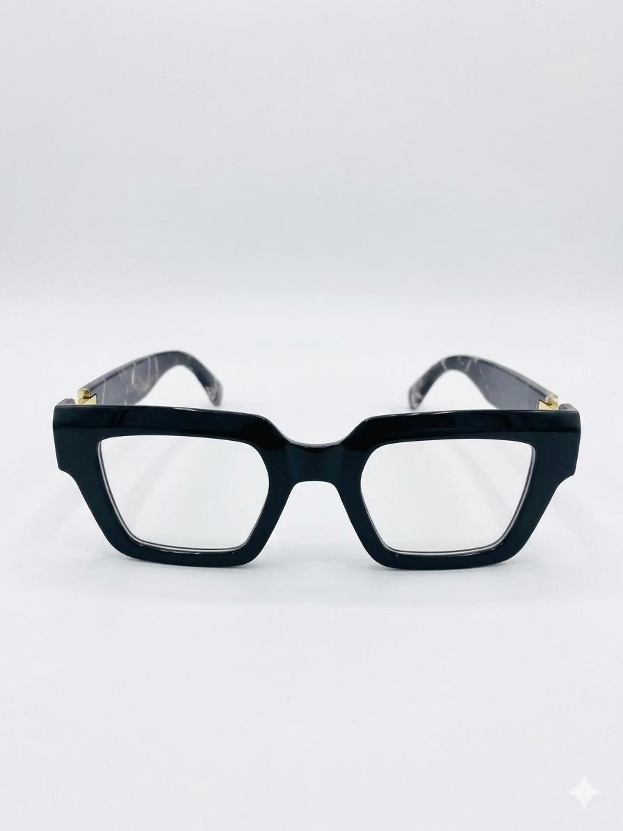 Gafas de Montura Cuadrada con Detalle de Mármol y Acentos Dorados.