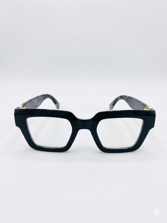 Gafas de Montura Cuadrada con Detalle de Mármol y Acentos Dorados.
