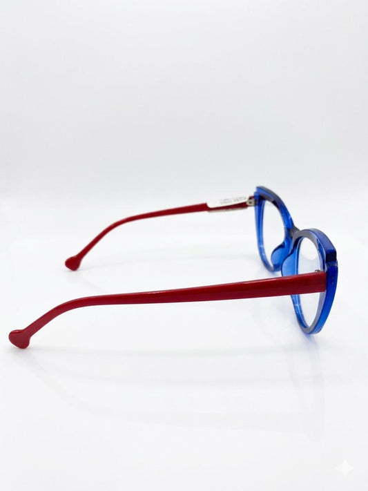 Lentes de diseño bicolor: Marco azul con varillas rojas