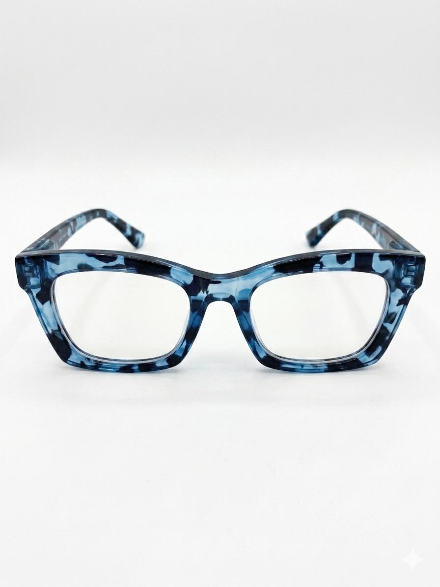Lentes de lectura con patrón azul jaspeado