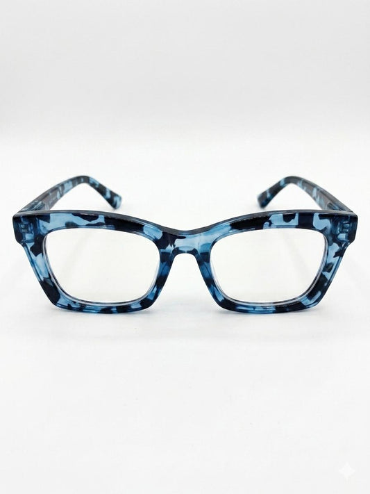 Lentes de lectura con patrón azul jaspeado