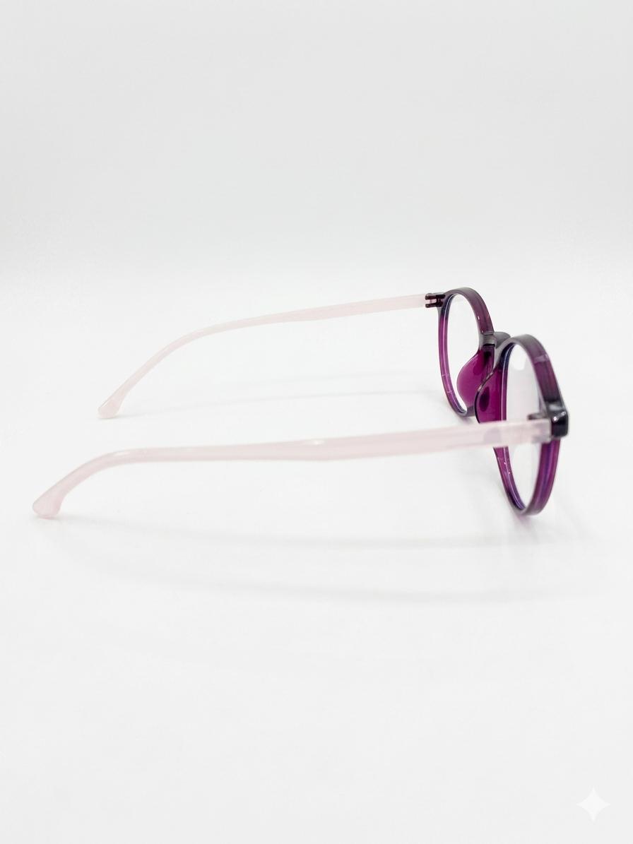 Gafas de Lectura con Montura Redonda en Tono Púrpura y Patillas Rosas